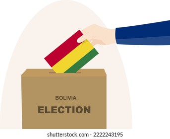 Elección y concepto de voto en Bolivia, selección política, manual y urna, idea de democracia y derechos humanos, día de elecciones, activo vector con bandera de Bolivia