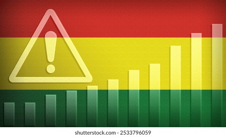 Bolivia flag with burlap texture, warning sign, and rising bar chart symbolizing increasing risk or growth challenges in the country. Ideal for data presentations.