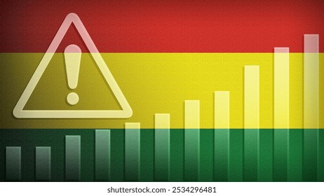 Bolivia flag with burlap texture, warning sign, and rising bar chart symbolizing increasing risk or growth challenges in the country. Ideal for data presentations.