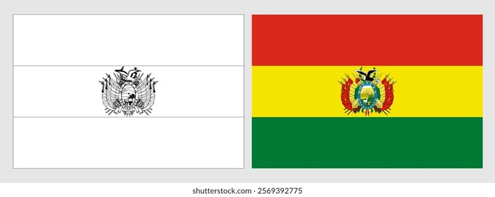 Bolivia flag - coloring page. Set of white wireframe thin black outline flag and original colored flag.