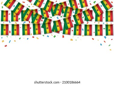 Bolivia flag garland white background with confetti, Hang bunting for Bolivia independence day celebration template banner, Vector illustration