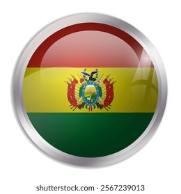 Bolivia flag - glossy circle button displays a colorful flag representing a country cultural identity and heritage. The essence of national pride and unity.