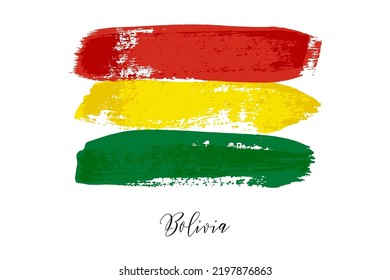 Bolivia flag in green, red and yellow paint brush strips vector illustration. Grunge stain tricolor template, official Bolivian symbol of independence and patriotism, government in latin America