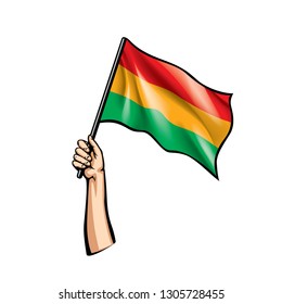 Bolivia flag and hand on white background. Vector illustration