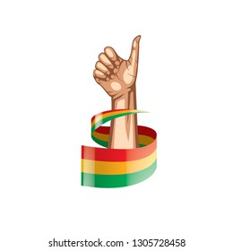 Bolivia flag and hand on white background. Vector illustration