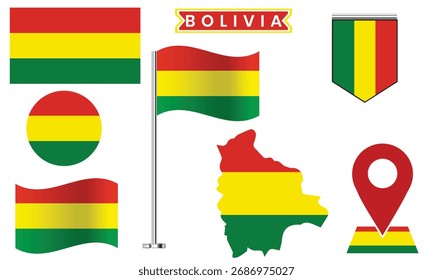 Bolivia Flag Icon Set, mapa de Vector, insignia, Colección de bandera ondeando Pin