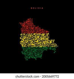 Bolivien Flaggenplan, chaotische Partikel Muster in den Farben der bolivianischen Flagge. Vektorgrafik einzeln auf schwarzem Hintergrund.