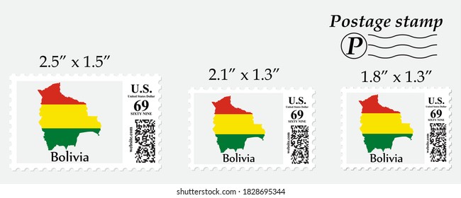 Mapa de la bandera de Bolivia con sello postal de diferente tamaño.