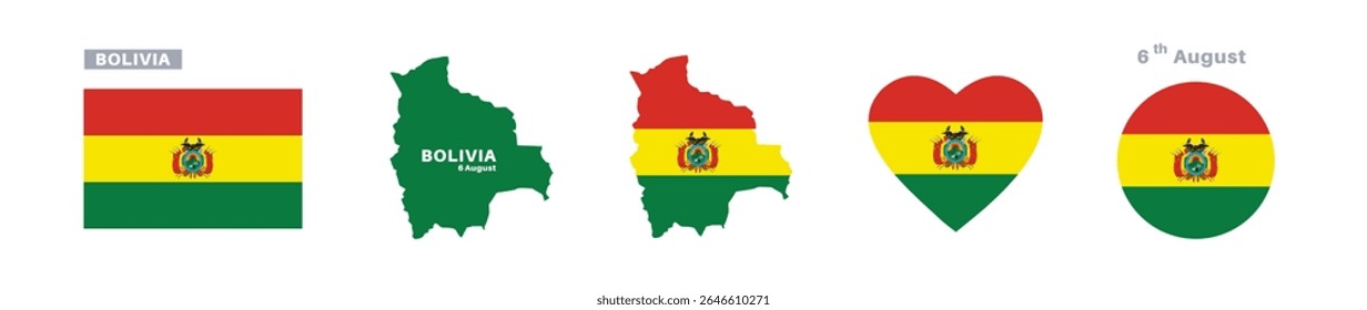 bolivia flag and map set. bolivia flag in official colors and proportions. independence day 6 august , map, circle and heart shaped bolivia
