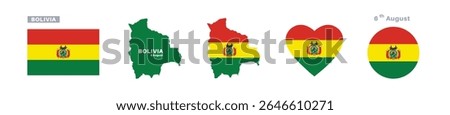 bolivia flag and map set. bolivia flag in official colors and proportions. independence day 6 august , map, circle and heart shaped bolivia