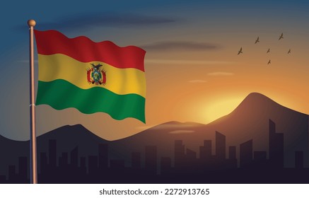 Bolivia flag with mountains and morning sun in the background