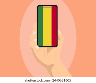 Bolivia flag on mobile phone screen, holding smartphone, advertising social media or banner concept, Bolivia flag showing on phone screen, technology news idea