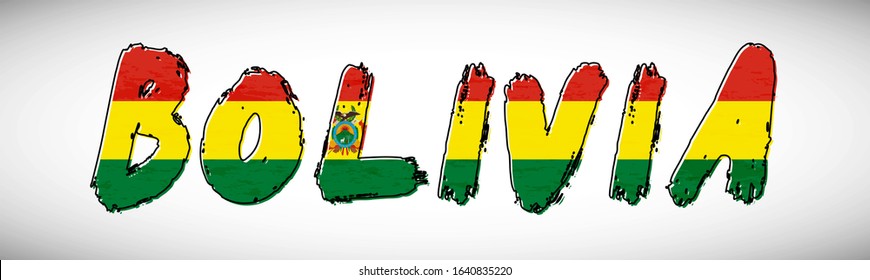 Bolivia flag on text typography. Country name banner strip. Creative typography background.