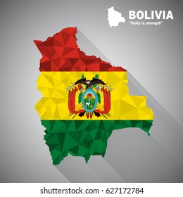 Bolivia flag overlay on Bosnia and Herzegovina map with polygonal and long tail shadow style (EPS10 art vector)