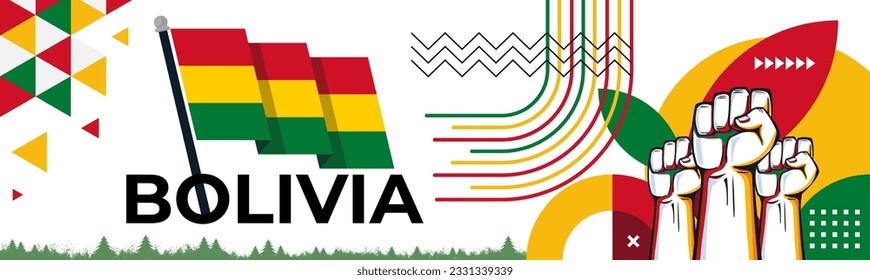 Bandera de Bolivia con puños elevados. Diseño del Día Nacional de Bolivia o Día de la Independencia para el pueblo boliviano. Plantilla moderna de portada de pancartas abstracta de color verde rojo retro. Ilustración del vector empresarial.