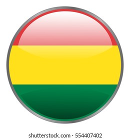Bolivia flag. Round glossy isolated vector icon with national flag of bolivia on white background. Round glow glass button.