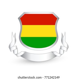 Bolivia flag in shield and ribbon. Vector illustration.