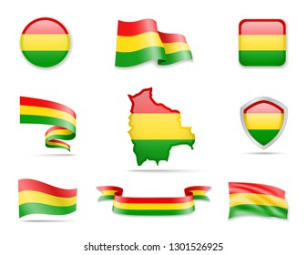 Bolivia flags collection. Flags and outline of the country vector illustration set