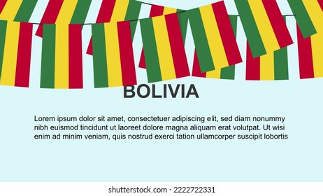 Banderas de Bolivia colgadas de una cuerda, concepto de celebración y saludo, muchas banderas de Bolivia con espacio de texto, pancarta y idea de afiche, material de decoración, día de la independencia