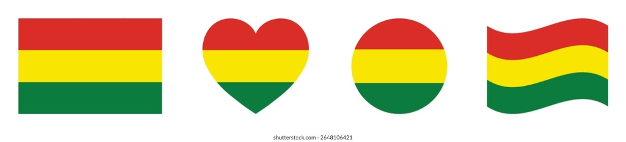 Bolivia flags set in square, heart, circle and waving formats designs element. Bolivia flags collection. Set of Bolivia flags icons isolated on white background. Vector illustration.