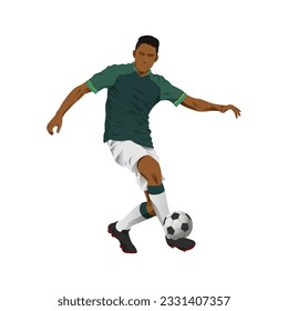 Bolivia football player dribbling the ball wearing home kit jersey. green and white color uniform.