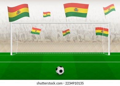Bolivia football team fans with flags of Bolivia cheering on stadium, penalty kick concept in a soccer match. Sports vector illustration.