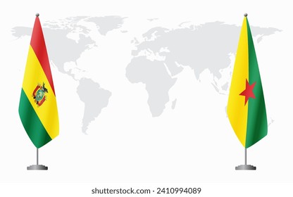 Bolivia and French Guiana flags for official meeting against background of world map.