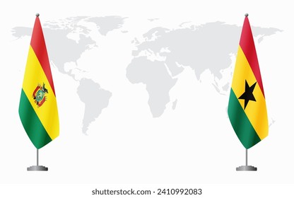 Bolivia and Ghana flags for official meeting against background of world map.