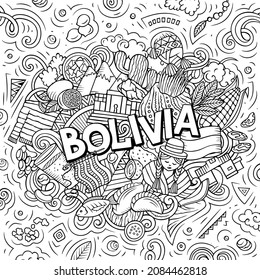 Bolivia hand drawn cartoon doodle illustration. Funny Bolivian design. Creative vector background. Handwritten text with Latin American elements and objects.