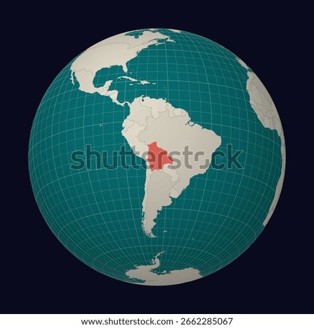 Bolivia highlighted on a globe map with a teal and pale mint color palette. The globe features meridians, parallels, and countries. Neat vector illustration.