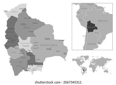 Bolivia - highly detailed black and white map. Vector illustration