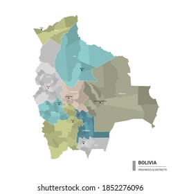 Bolivia higt detailed map with subdivisions. Administrative map of Bolivia with districts and cities name, colored by states and administrative districts. Vector illustration.