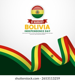 Bolivia independence day greeting card, square banner background with warving ribbon flag