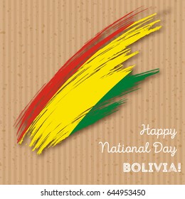 Bolivia Independence Day Patriotic Design. Expressive Brush Stroke in National Flag Colors on kraft paper background. Happy Independence Day Bolivia Vector Greeting Card.