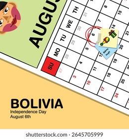 Bolivia Independence Day reminder on August 6th in a wall calendar with illustrative people wearing the nation's traditional attire.