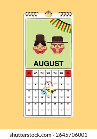 Bolivia Independence Day reminder on August 6th in a wall calendar with illustrative people wearing the nation's traditional attire.