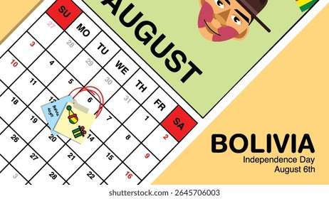 Bolivia Independence Day reminder on August 6th in a wall calendar with illustrative people wearing the nation's traditional attire.