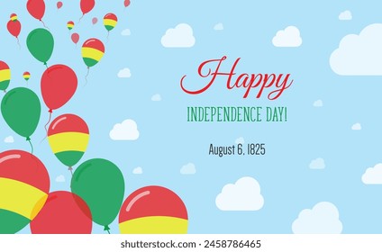 Bolivia Independence Day Sparkling Patriotic Poster. Row of Balloons in Colors of the Bolivian Flag. Greeting Card with National Flags, Blue Skyes and Clouds.
