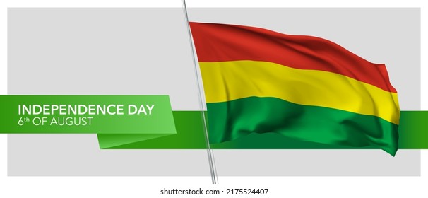 Cartel vectorial del día de la independencia de Bolivia, tarjeta de saludo. Bandera ondulada boliviana en el 6 de Agosto, diseño horizontal de festividades patrióticas