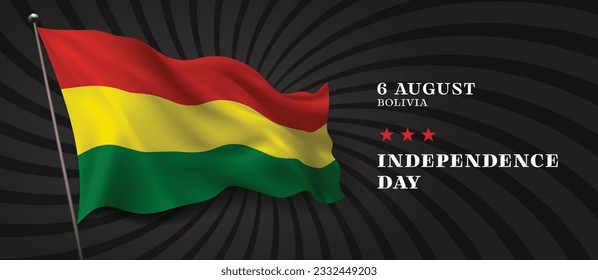 Cartel vectorial del día de la independencia de Bolivia, tarjeta de saludo. Bandera ondulada boliviana en el 6 de agosto Día Nacional Patriótico diseño horizontal