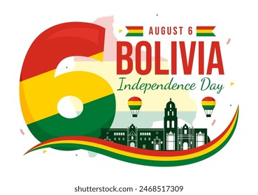 Bolivia: Ilustración vectorial del Día de la Independencia el 6 de agosto con banderas y lazos en un festivo fondo de caricatura nacional en Festiva