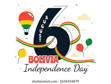 Bolivia Independence Day Vector Illustration on August 6, Featuring a Waving Flag and Ribbon in a Festive National Holiday Scene with Flat Background