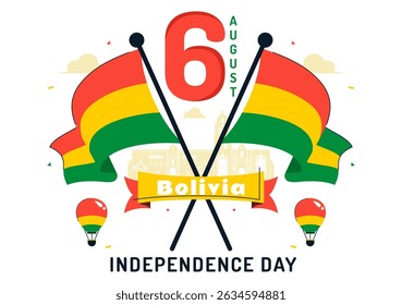 Bolivia Independence Day Vector Illustration on August 6, Featuring a Waving Flag and Ribbon in a Festive National Holiday Scene with Flat Background