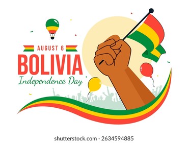 Bolivia Independence Day Vector Illustration on August 6, Featuring a Waving Flag and Ribbon in a Festive National Holiday Scene with Flat Background