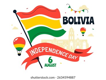 Bolivia Independence Day Vector Illustration on August 6, Featuring a Waving Flag and Ribbon in a Festive National Holiday Scene with Flat Background