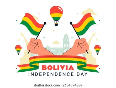 Bolivia Independence Day Vector Illustration on August 6, Featuring a Waving Flag and Ribbon in a Festive National Holiday Scene with Flat Background