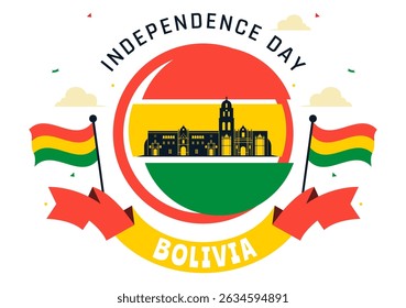 Bolivia Independence Day Vector Illustration on August 6, Featuring a Waving Flag and Ribbon in a Festive National Holiday Scene with Flat Background