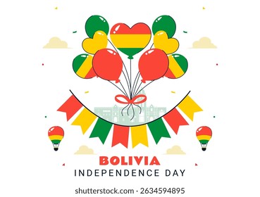 Bolivia Independence Day Vector Illustration on August 6, Featuring a Waving Flag and Ribbon in a Festive National Holiday Scene with Flat Background