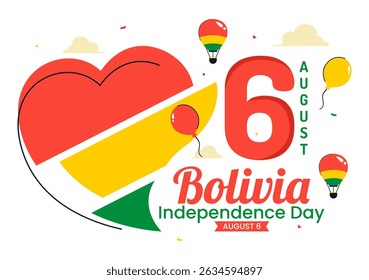 Bolivien Independence Day Vektorgrafik am 6. August, mit einer wehenden Flagge und Band in einer festlichen nationalen Feiertagsszene mit flachem Hintergrund