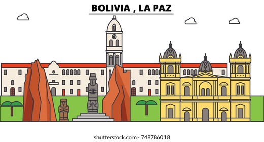 Bolivia , La Paz outline skyline, bolivian flat thin line icons, landmarks, illustrations. Bolivia , La Paz cityscape, bolivian travel city vector banner. Urban silhouette